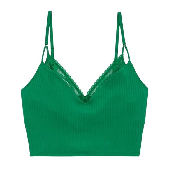 Aerie Ribbed Lace Bra Top Green Alpine Layered Strappy Textured Size Small - Picture 5 of 10